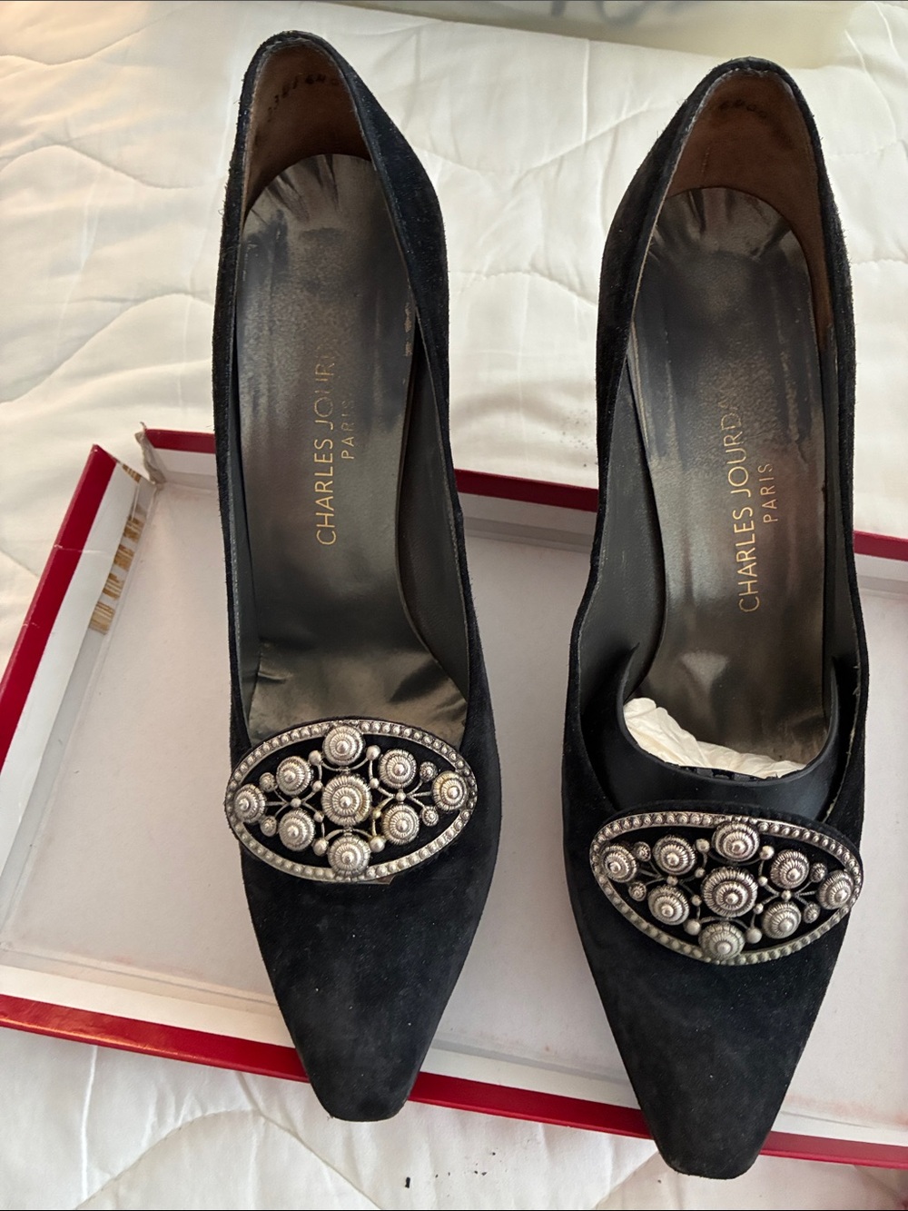 Charles Jourdan Black Suede Jeweled Pointed-Toe Pumps